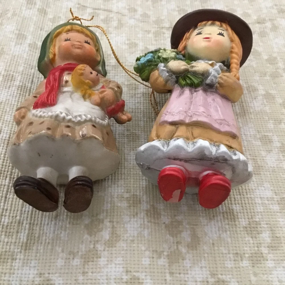Two Vintage Girl Ornaments Made In Hong Kong